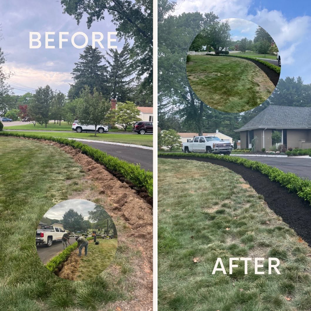 Before and after driveway lawn trenching, boxwood hedge, and dark mulch beds